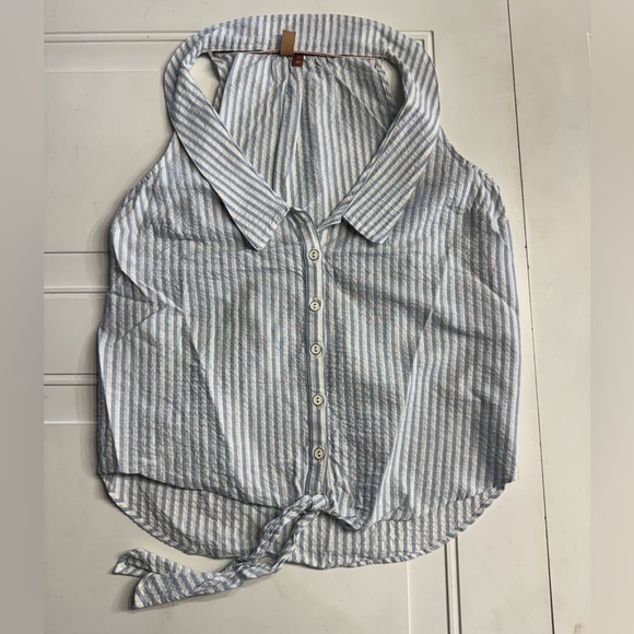 Anthropologie Tops - Pilcro Blue White Striped Collared Sleeveless Button Down Tie Bottom Blouse XS